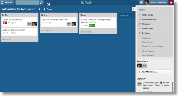trello window showing some cards and actions